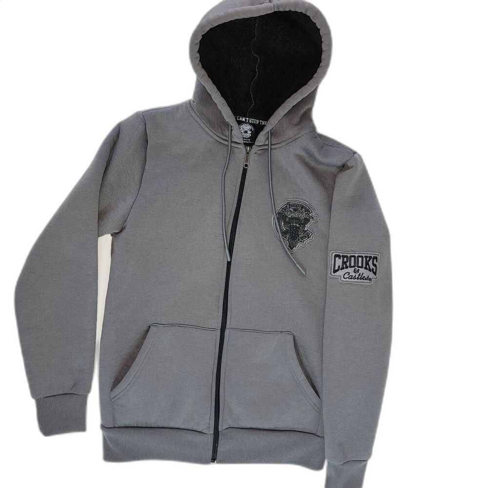 Crooks & Castles Sherpa Lined Full Zip Grey Hooded Jacket Sz XS